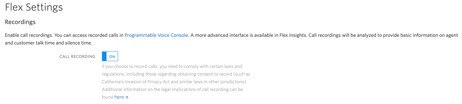 Flex settings with call recording toggle set to on and legal compliance note.