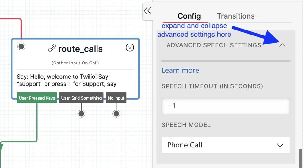Advanced speech settings with options for speech timeout and model in Gather Input on Call widget.