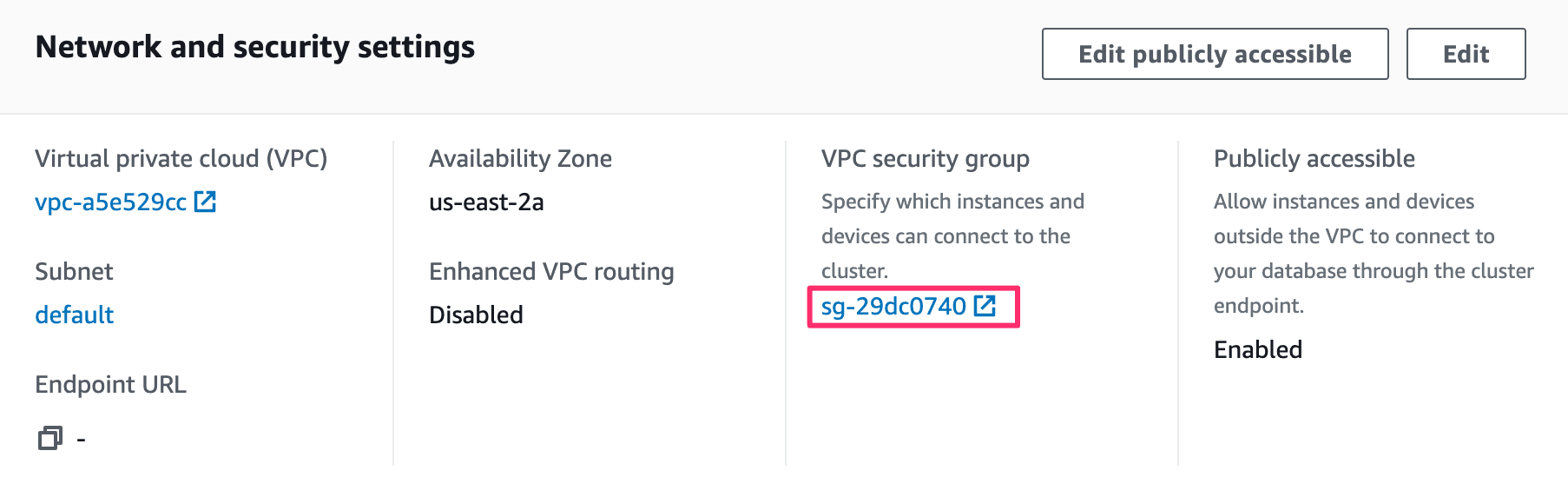 Network and security settings with VPC, subnet, and public accessibility enabled.