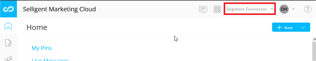 Selligent Marketing Cloud home screen with Segment Connector highlighted.
