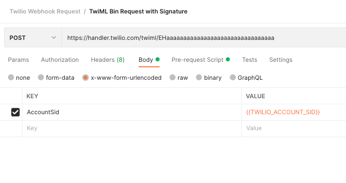 Postman interface showing a TwiML Bin request with AccountSid parameter.