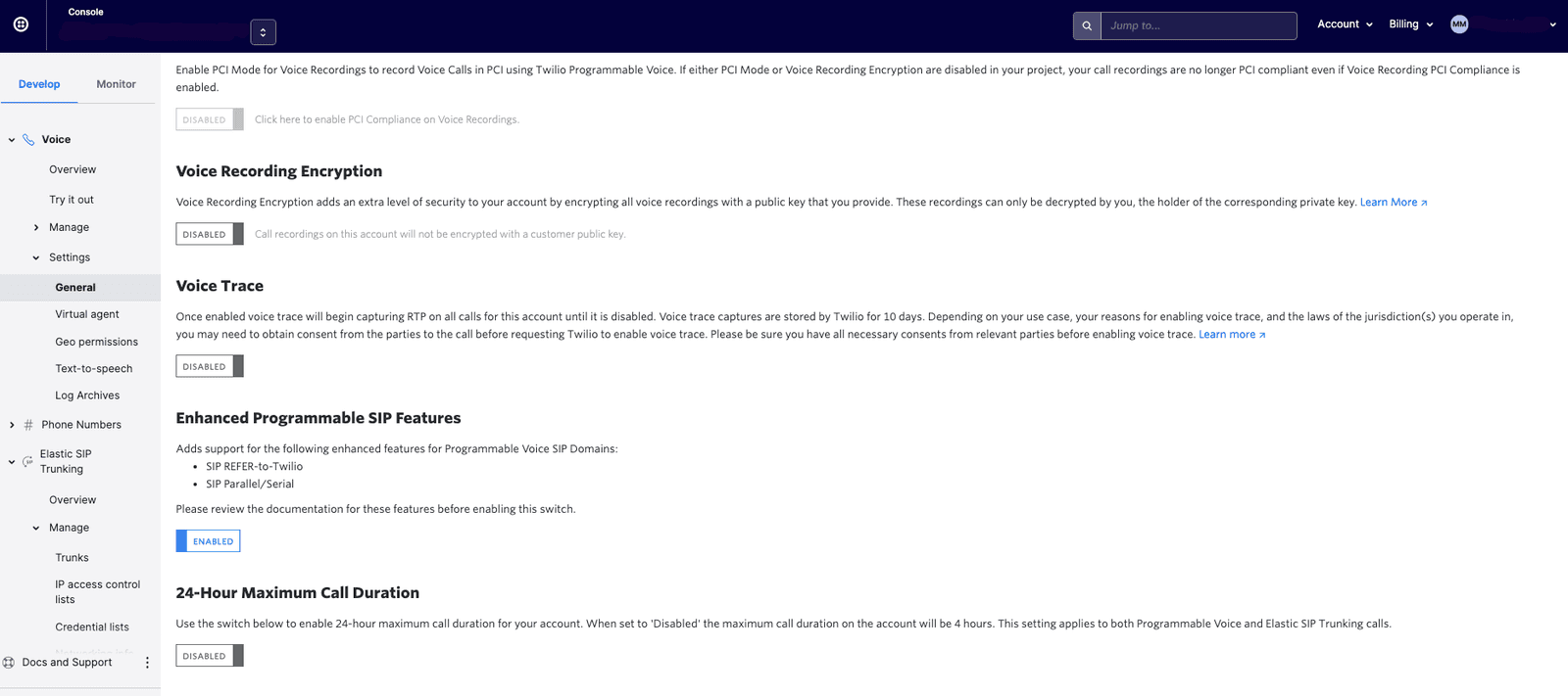 Twilio console settings showing disabled 24-hour maximum call duration option.