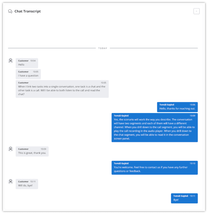 Chat transcript showing a conversation between a customer and support about linking chat and call tasks.