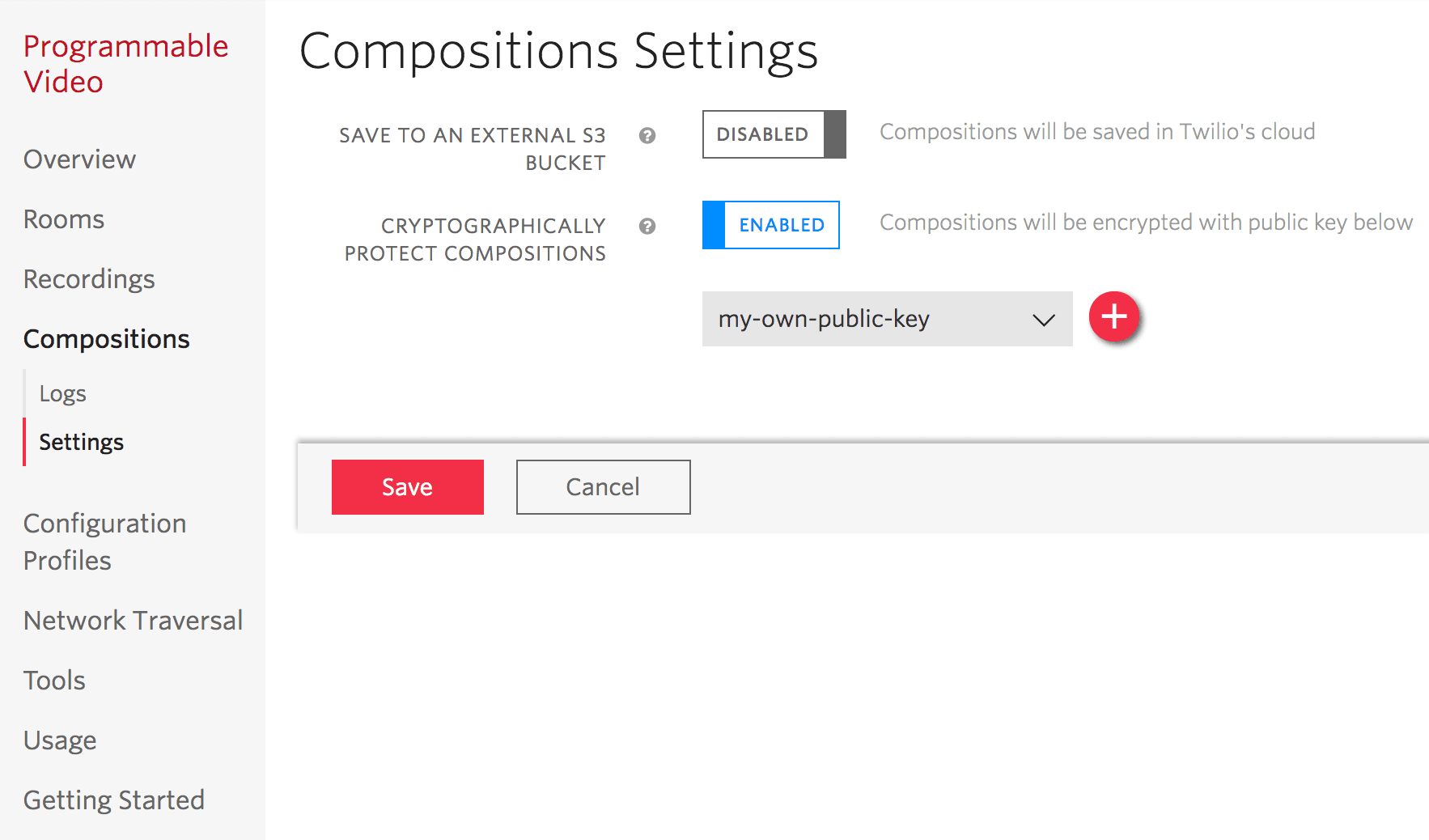 Compositions settings with 'Cryptographically Protect Compositions' activated and a 'Save' button.