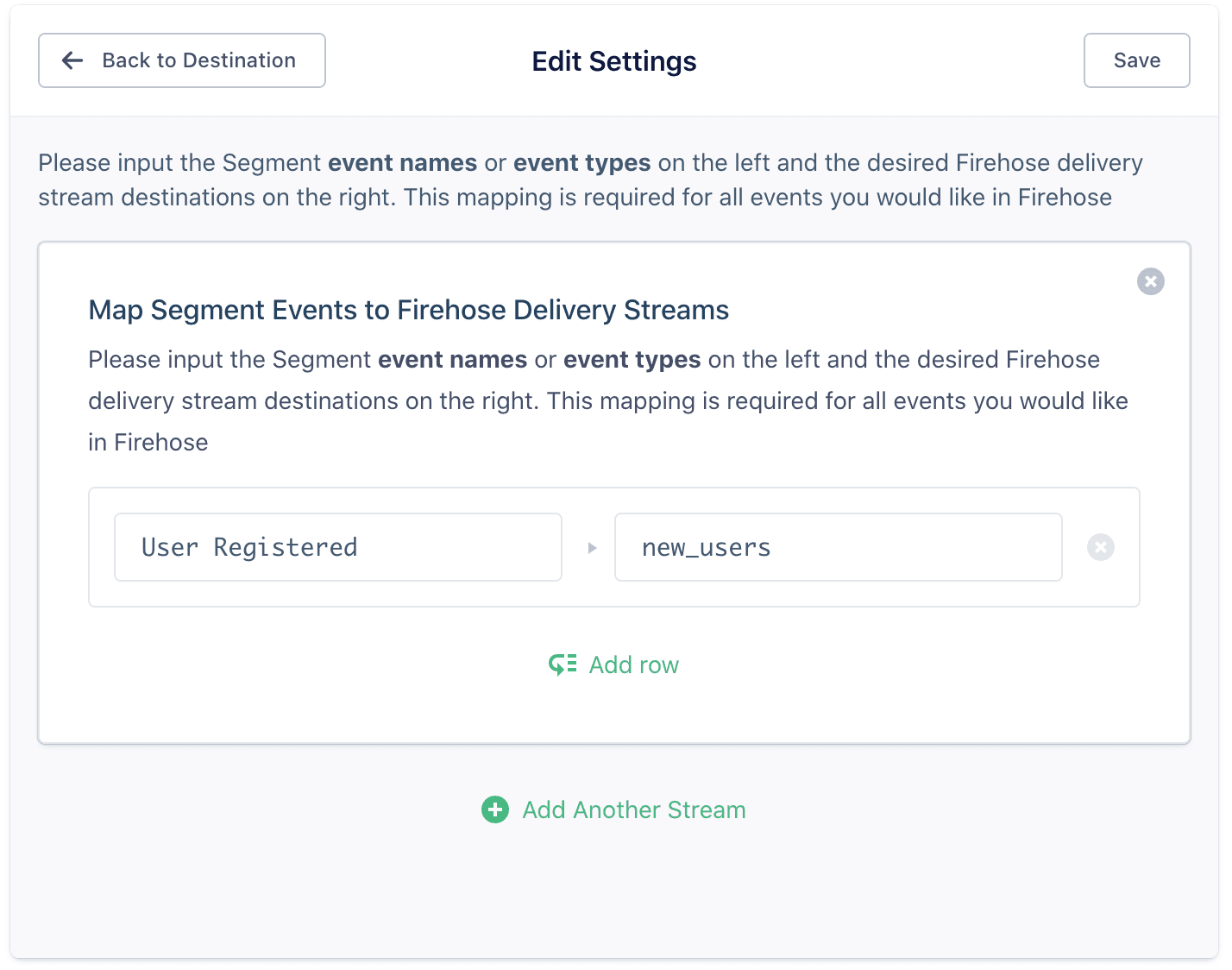 Map Segment events to Firehose streams with event names and stream destinations.