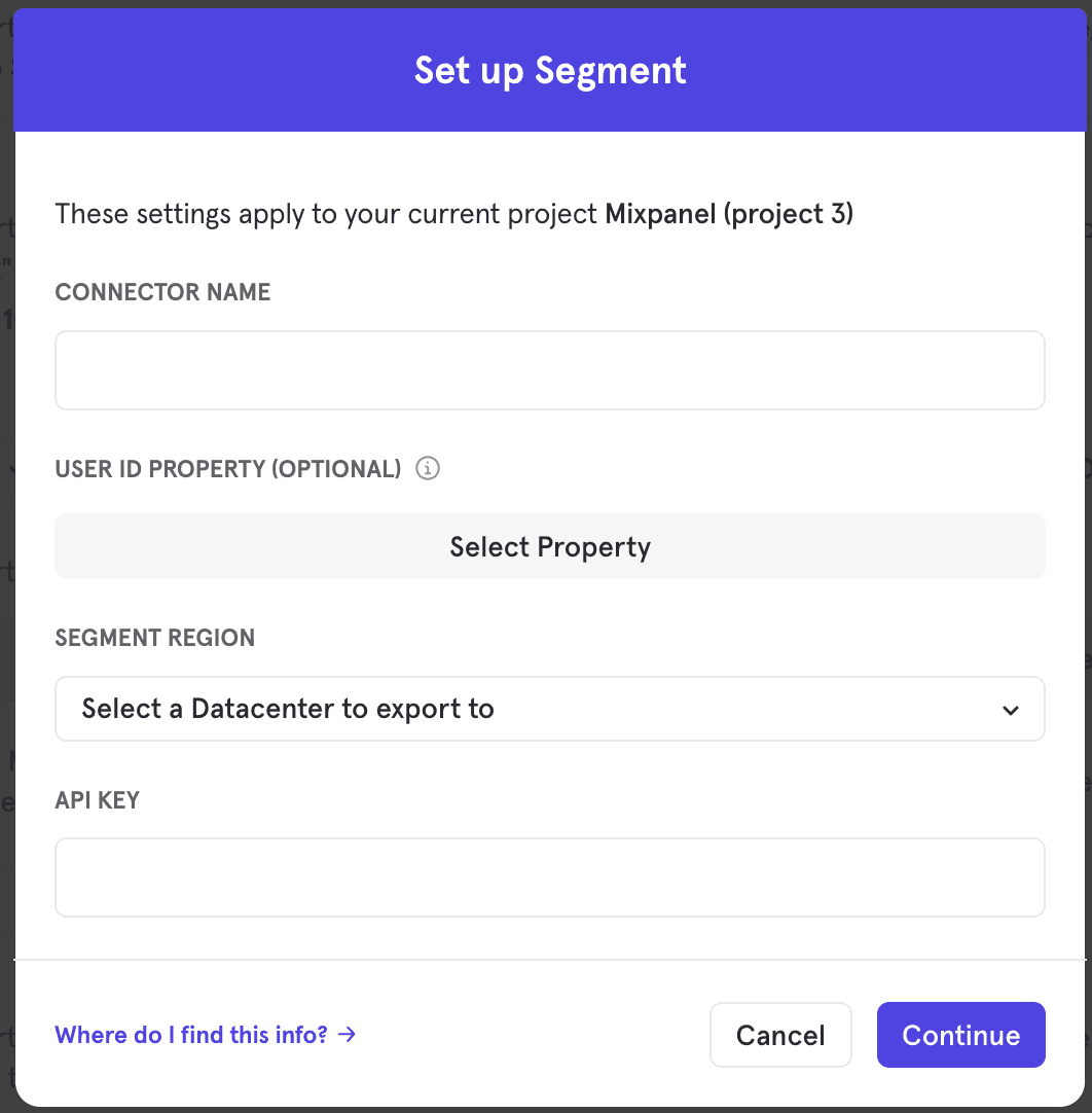 The Set up Segment form for a Mixpanel project with fields for Connector name, User ID property, Segment Region, and API key.