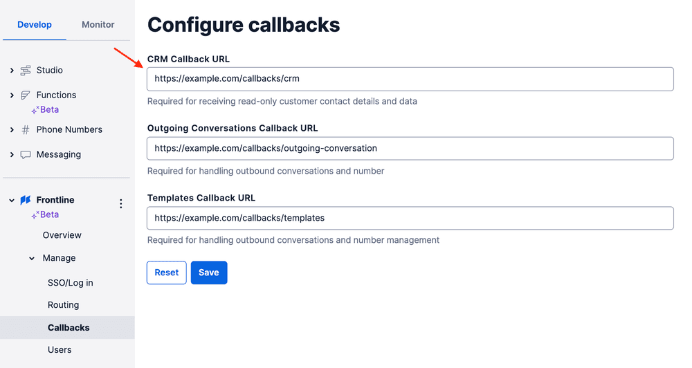 Configure callbacks page with CRM, Outgoing Conversations, and Templates callback URLs and options to reset or save settings.