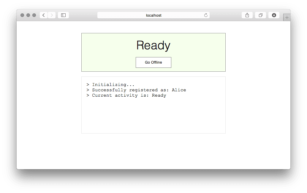 Agent UI showing status 'Ready' with option to 'Go Offline'.