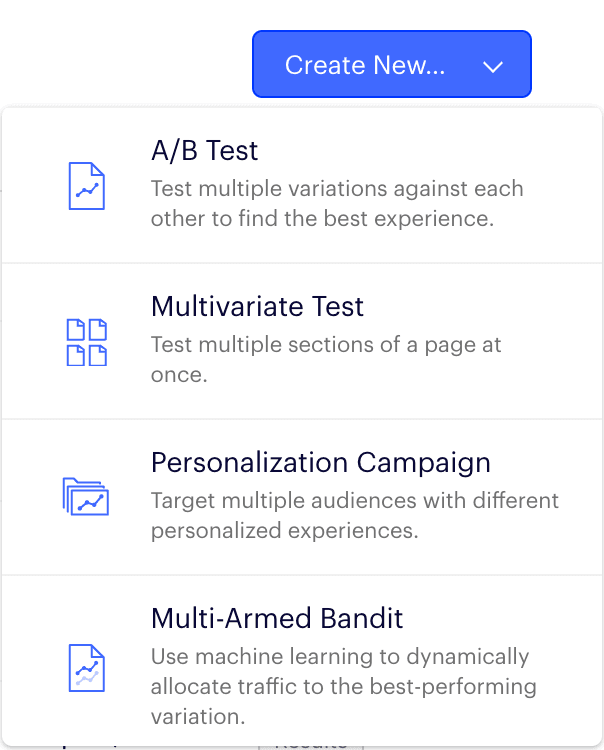 Options for A/B test, multivariate test, personalization campaign, and multi-armed bandit under 'Create New'.