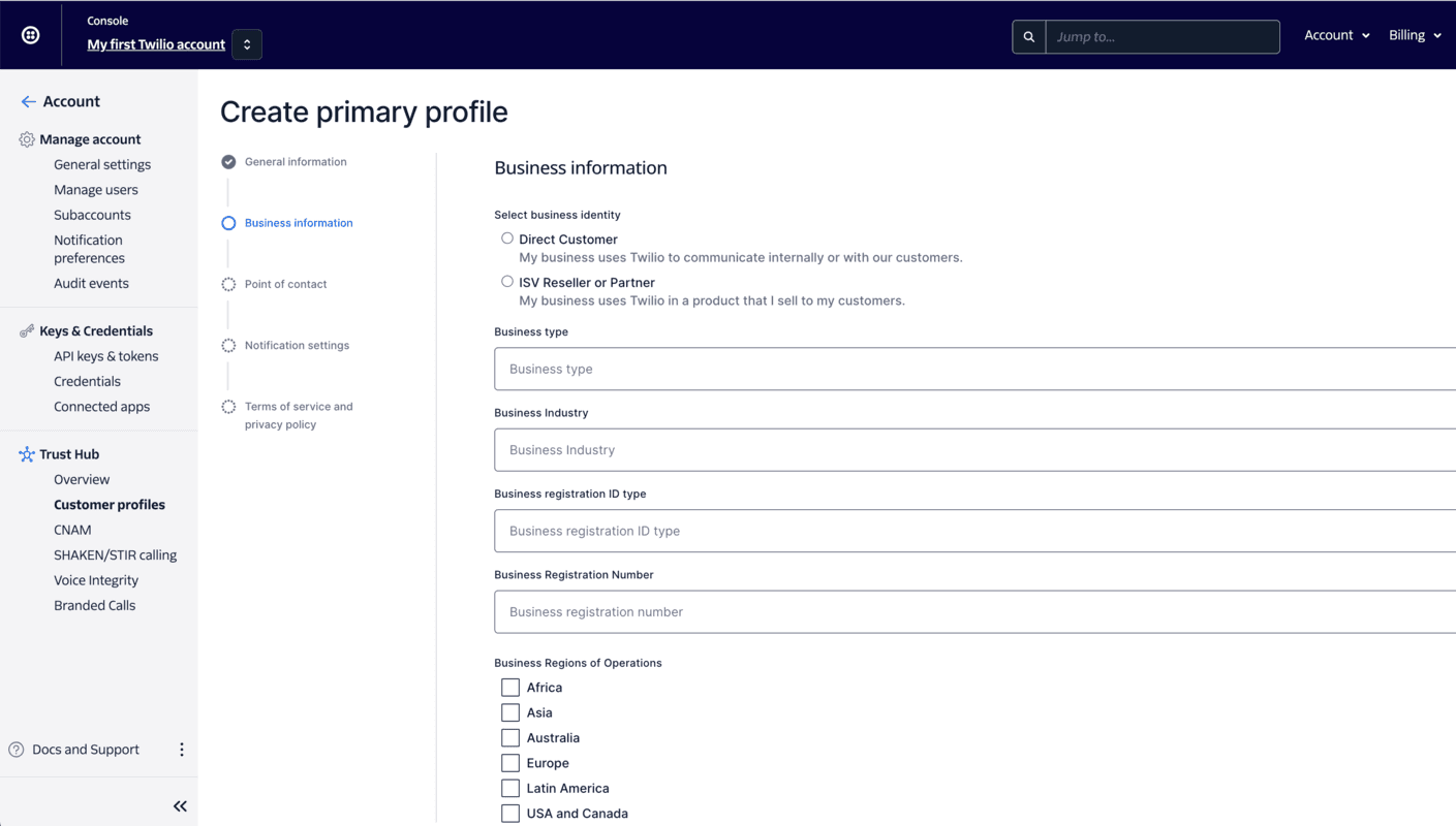 Form for creating a primary profile with fields for business type, industry, registration ID, and operation regions.
