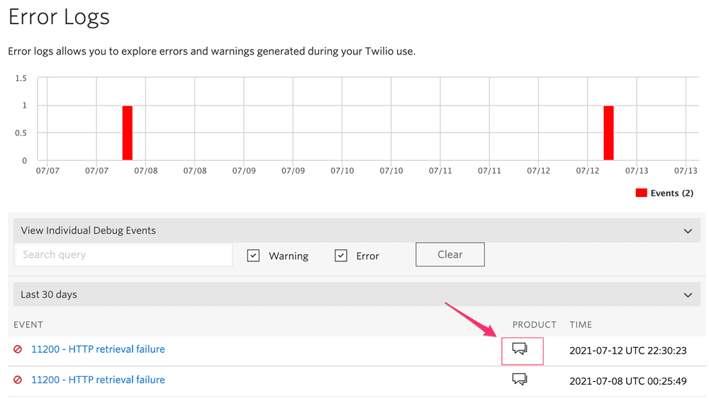 Graph showing error events on 07/07 and 07/12 with HTTP retrieval failures listed below.