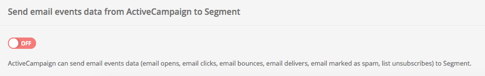 ActiveCampaign email events data sent to Segment toggle is on with last event was unsubscribe on 06/22/2016 at 11:23.