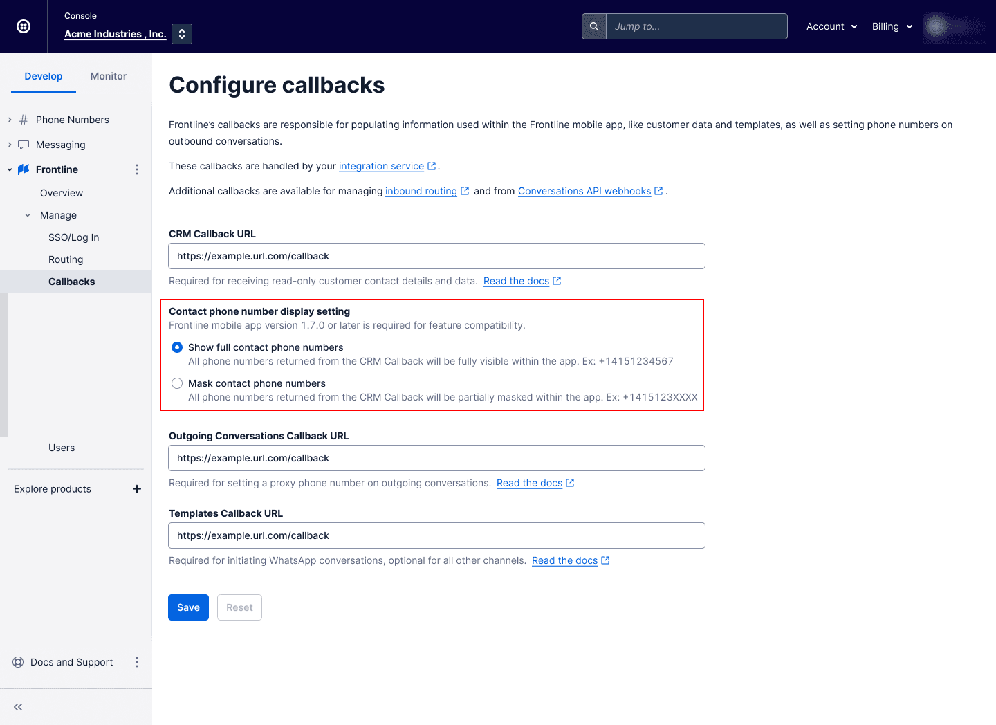 Configure callbacks interface for Frontline app with options for displaying or masking contact phone numbers.