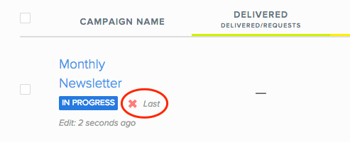 Monthly Newsletter campaign in progress with cancel option highlighted.