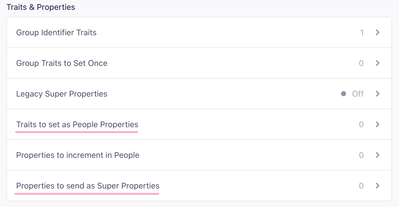 MIxpanel Traits and Properties list with Properties to increment in People option highlighted.