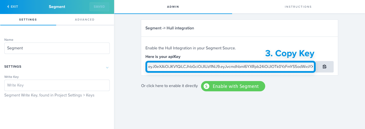 Segment settings for Hull integration showing API key and enable button.