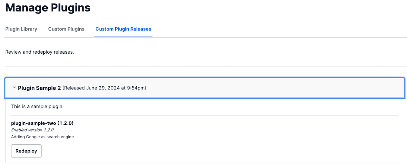 Manage Plugins page showing Plugin Sample 2 with redeploy button.