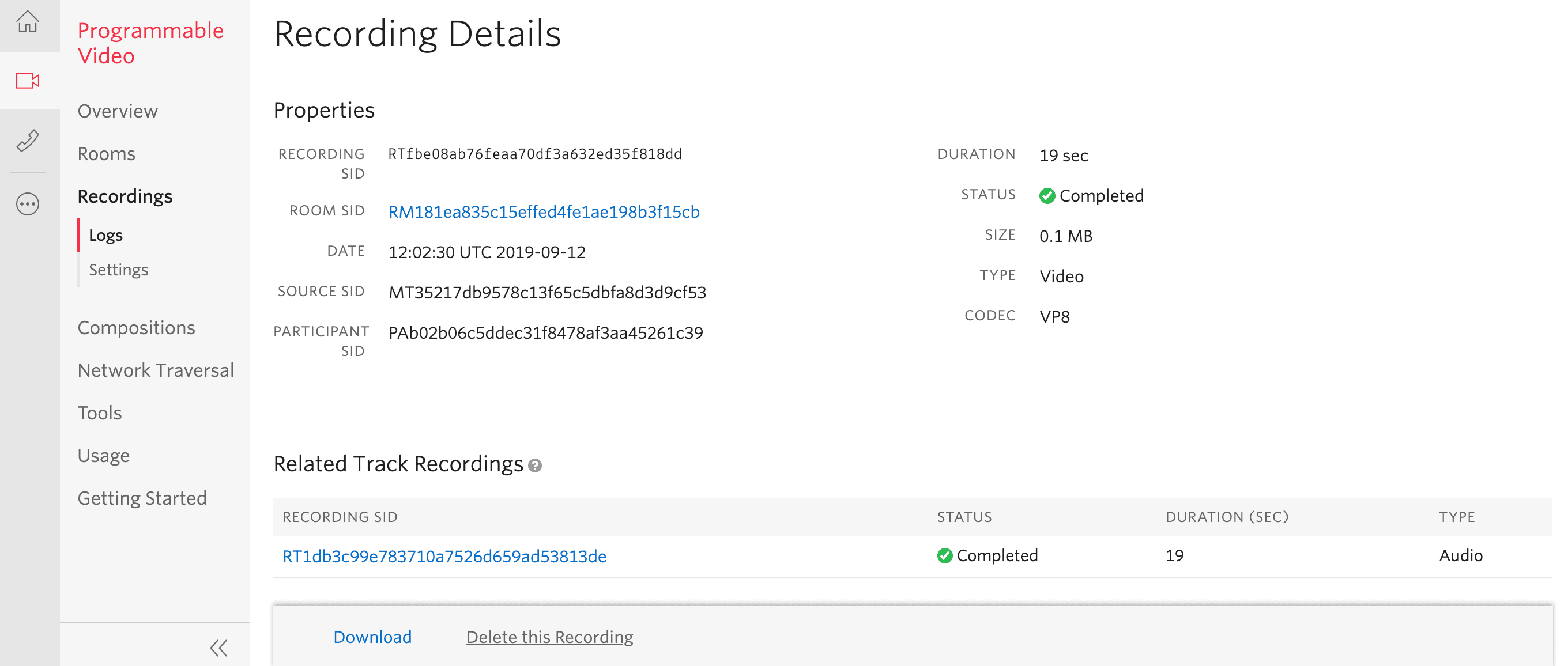 Recording details showing properties like SID, duration, status, size, type, and codec.