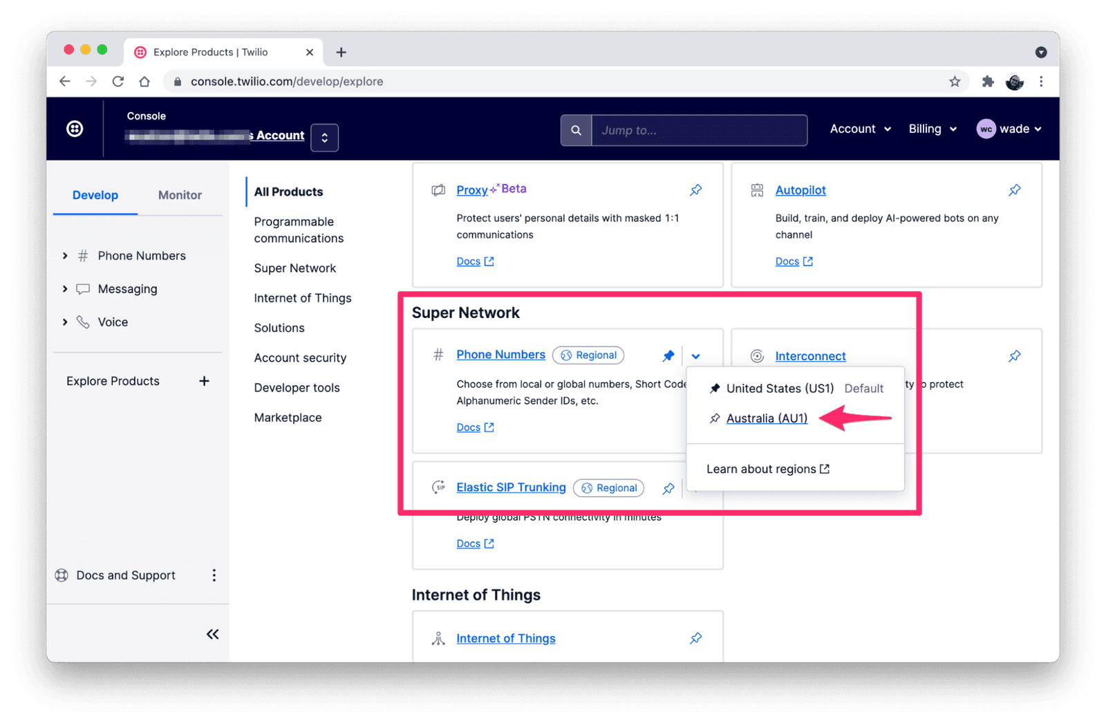Super Network region selection with Australia (AU1) highlighted.