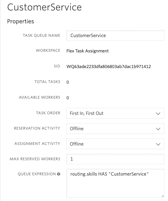 CustomerService task queue properties with offline activity and FIFO task order.