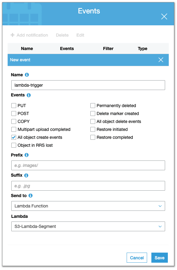 AWS S3 event configuration page where you add the name of the function you created to the Lambda field.
