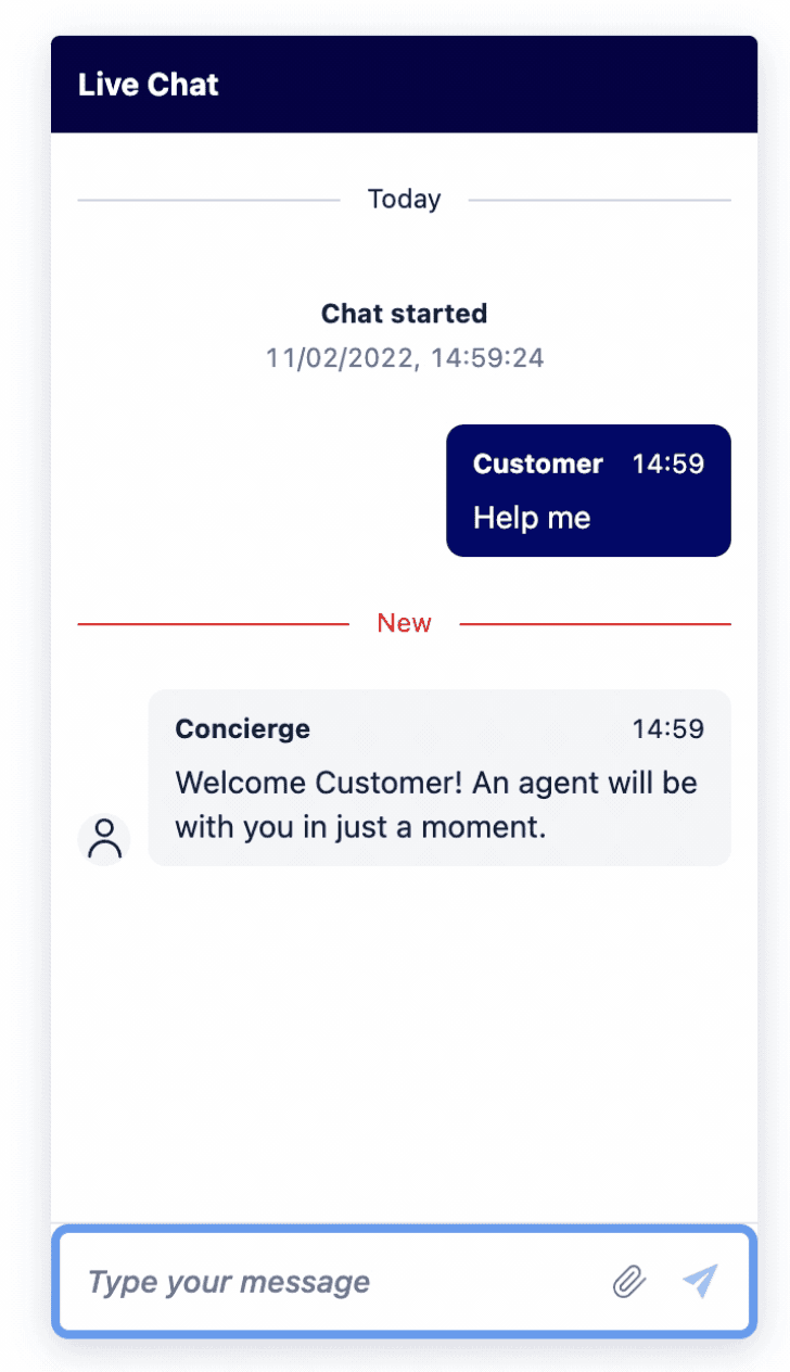 Live chat with customer asking for help and concierge welcoming them.