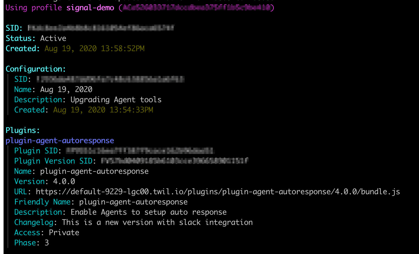Active release details with configuration and plugin information for signal-demo profile.