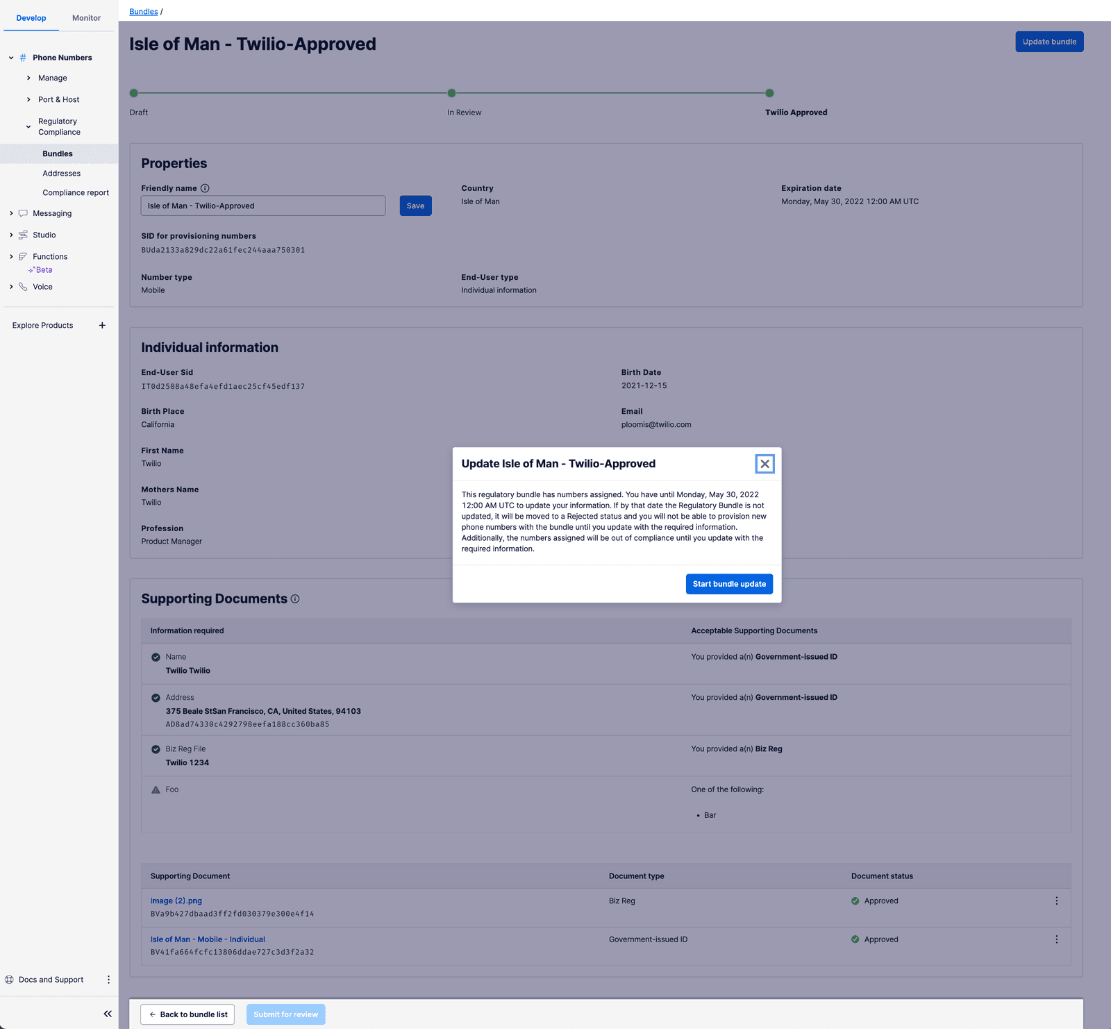Twilio regulatory bundle update notification with compliance deadline, individual information, and supporting documents required.