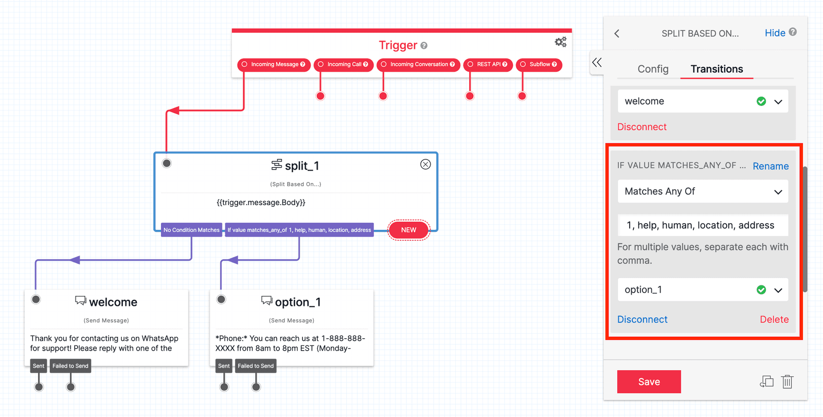 Twilio Studio Tutorial WhatsApp Customer Support Split Based On widget added transition for option 1.