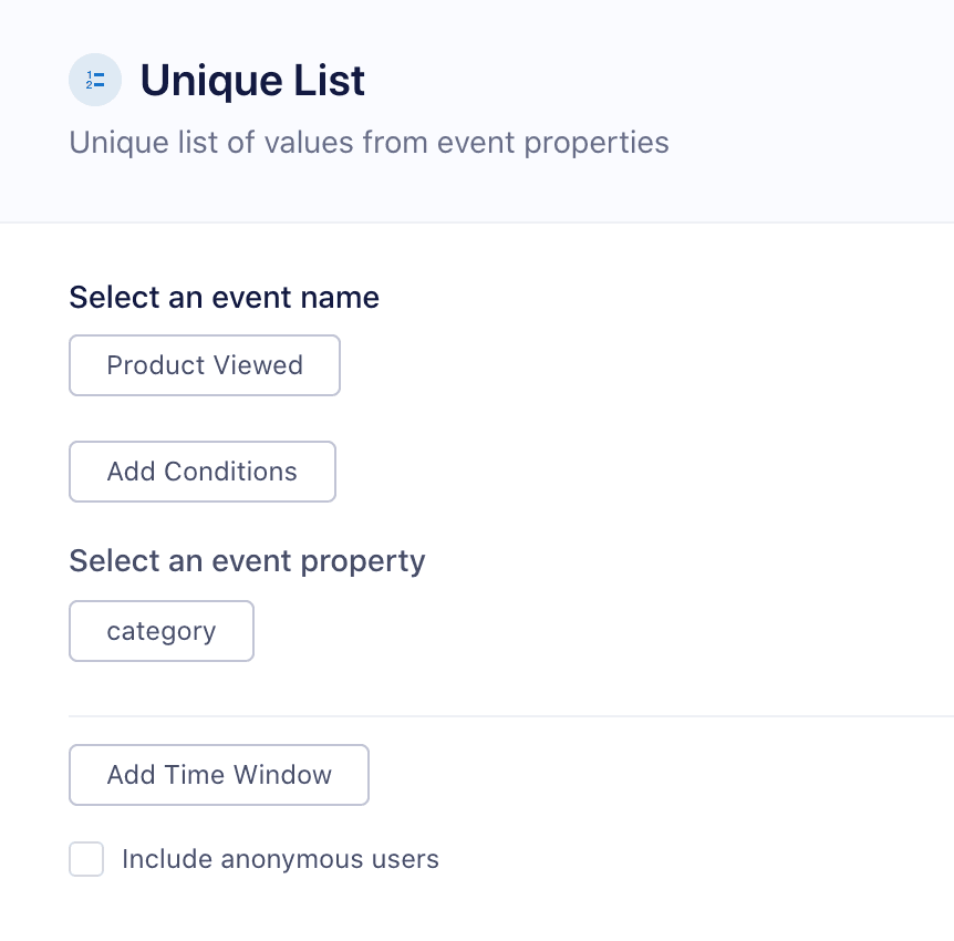 Unique List Count builder with options for event name, conditions, and event property.