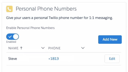 Twilio personal phone numbers interface with toggle enabled and add new button.