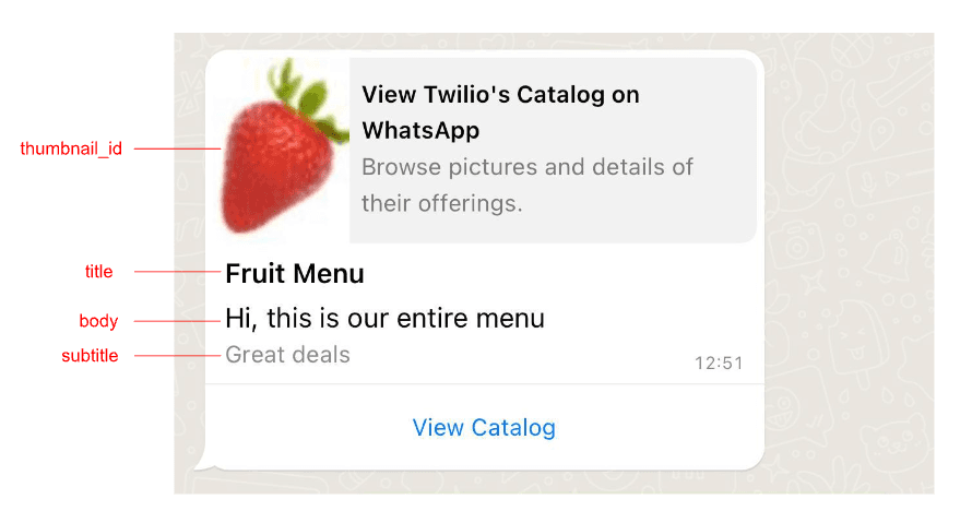 WhatsApp catalog preview with fruit menu and great deals subtitle.