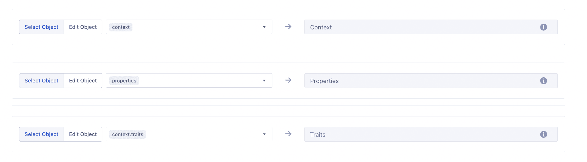 Mapping interface in the Segment UI showing context, properties, and traits being mapped.