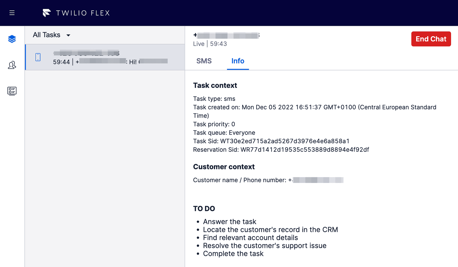 Twilio Flex TaskInfoPanel showing SMS task details, customer context, and to-do list.