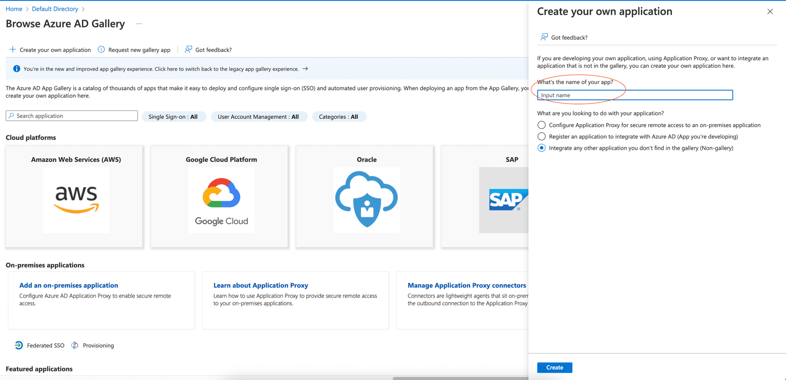Azure AD Gallery interface with options to create and name a new application.