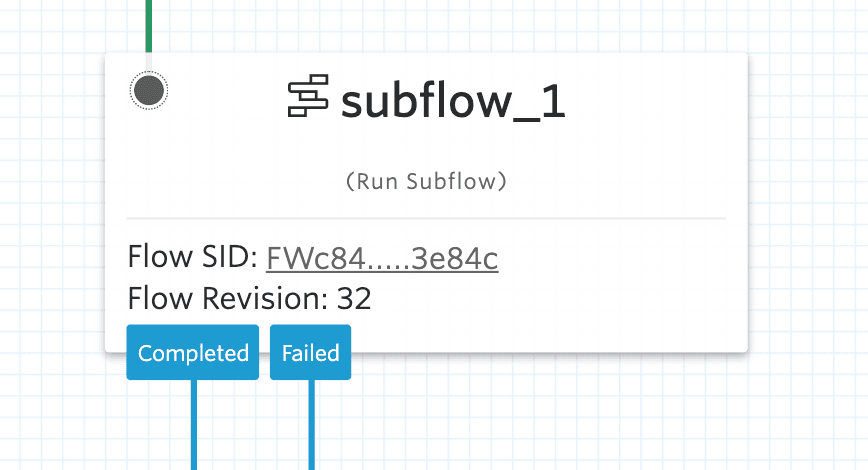 Subflow widget showing flow SID and revision with completed and failed status indicators.