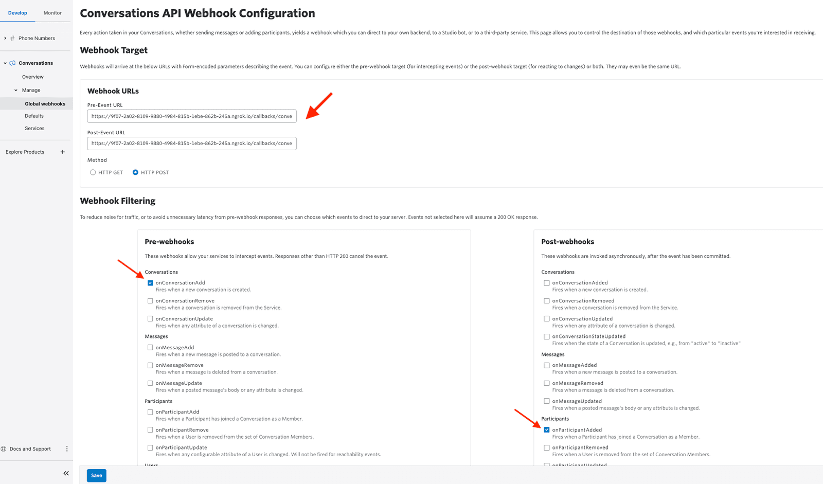 Conversations API Webhook Configuration with pre and post-webhook URL settings and filtering options.