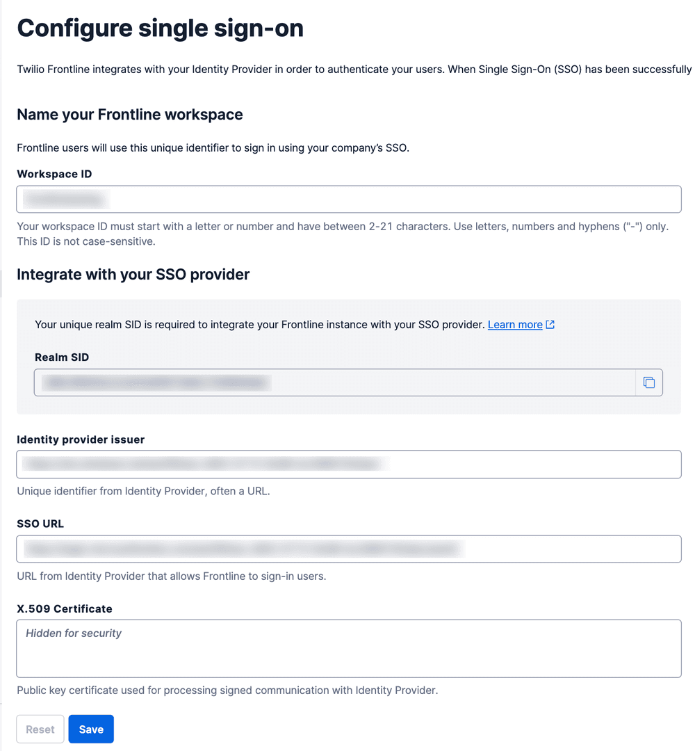 Form to configure single sign-on for Twilio Frontline with fields for Workspace ID, Realm SID, SSO URL, and X.509 Certificate.