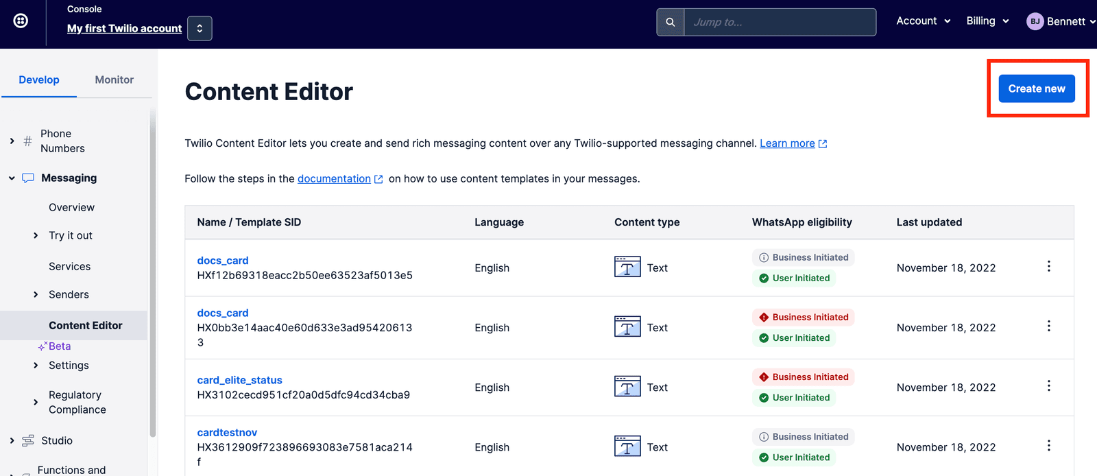 Twilio Content Editor screen with options to create new templates and view existing ones with details.