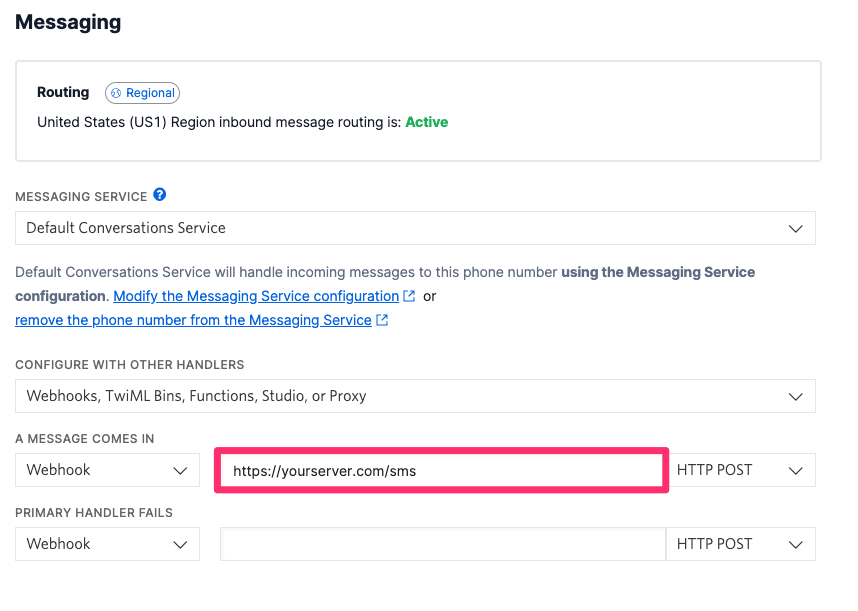 Messaging configuration with webhook URL set to https://yourserver.com/sms.