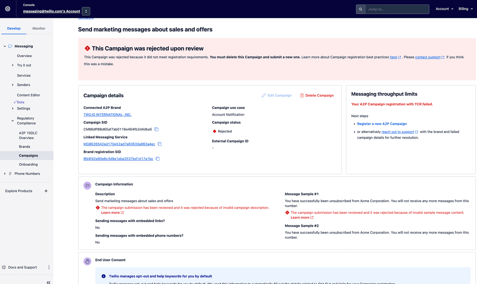 Campaign rejected due to invalid description; next steps include registering a new A2P campaign.