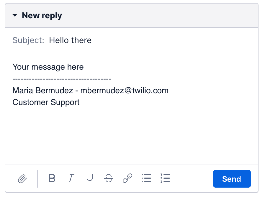 Email reply template with subject 'Hello there' and message 'Hi Raffaele, Thanks for your email. Regards, Maria'.
