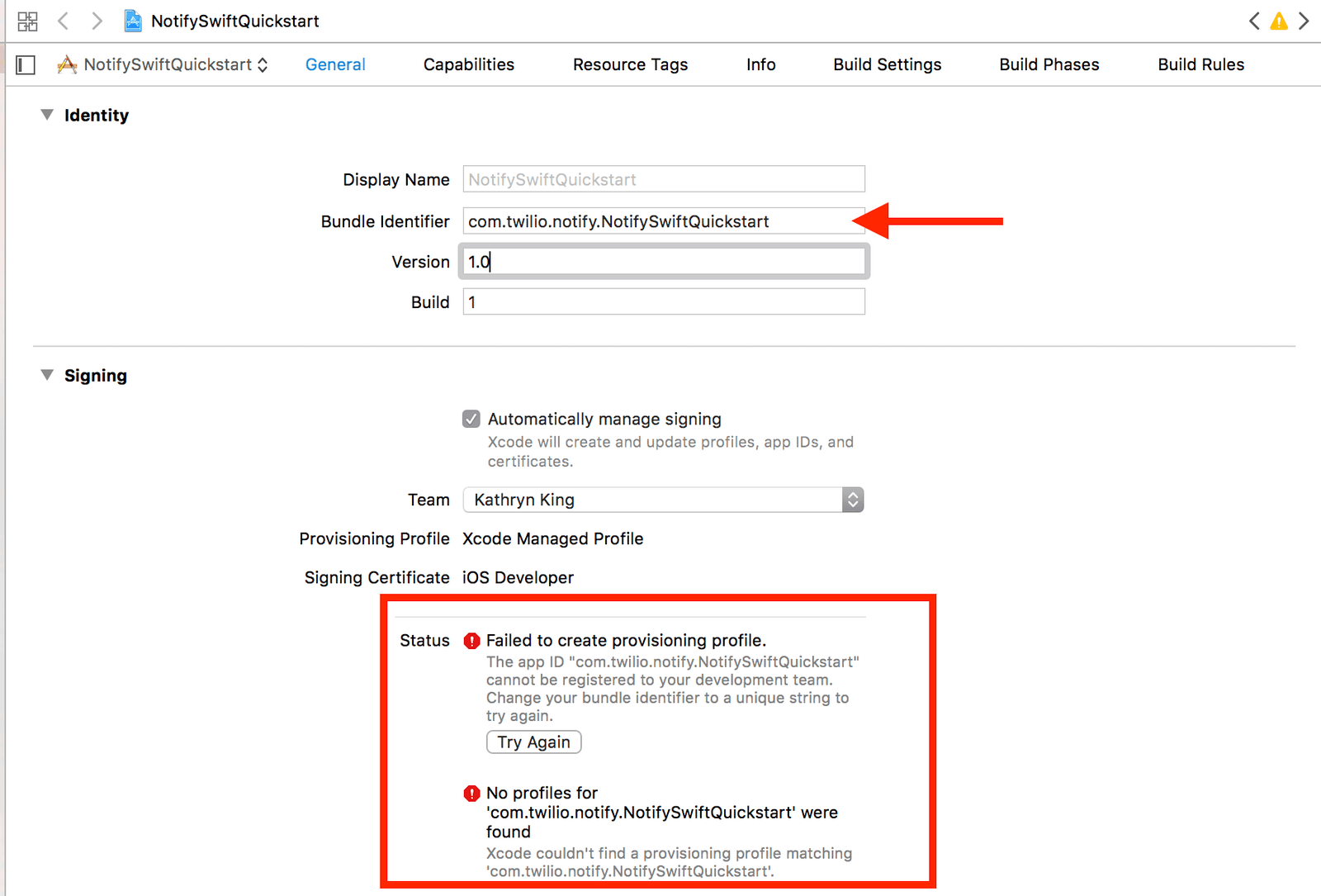 Bundle identifier error.