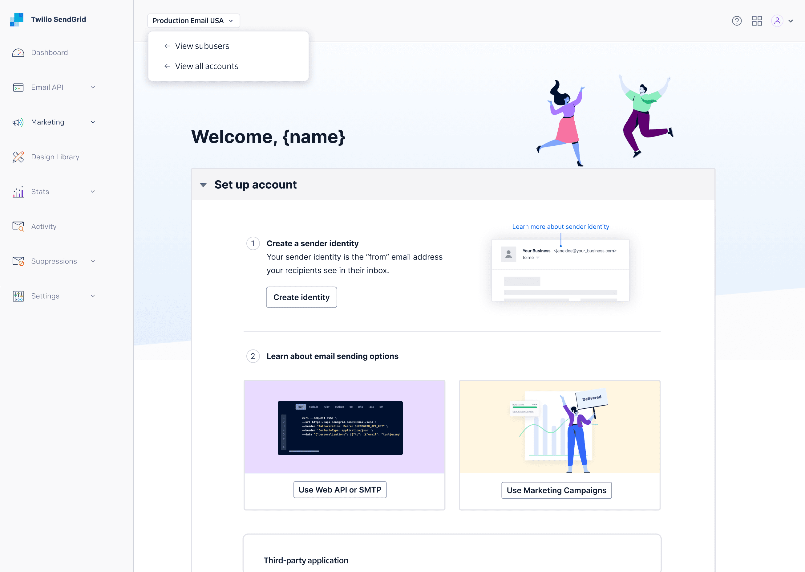 Twilio SendGrid setup screen with options to create sender identity and learn email sending via API or marketing campaigns.