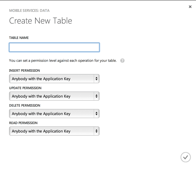 Create New Table form with fields for table name and permissions for insert, update, delete, and read.