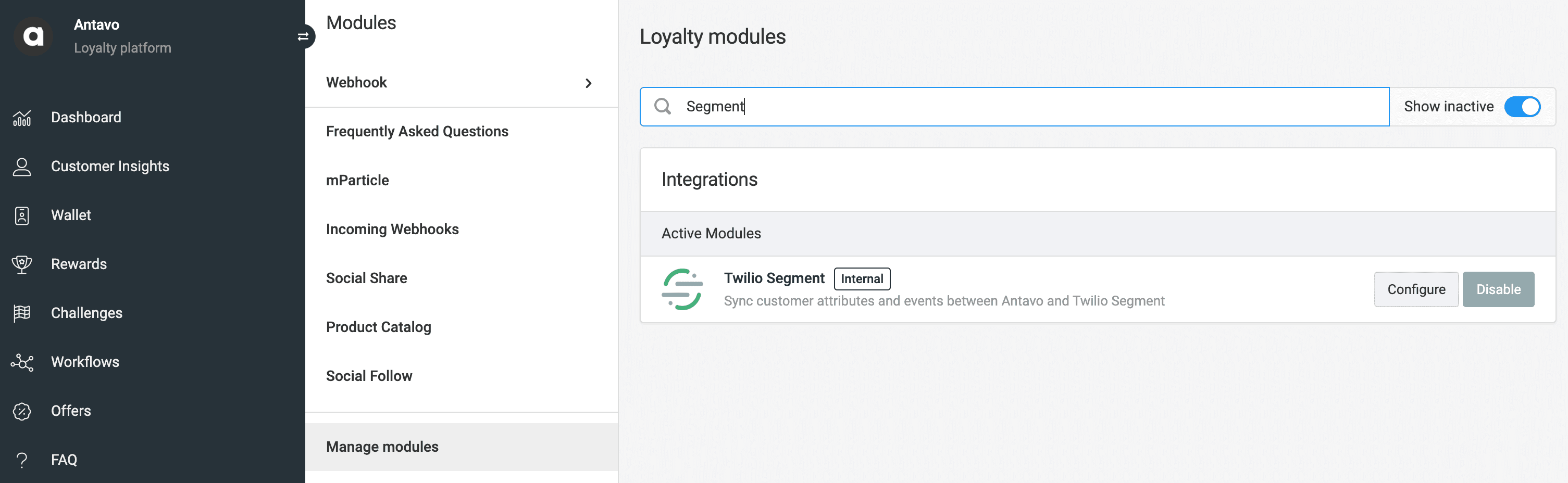 Antavo loyalty platform showing Twilio Segment integration with configure and disable options.