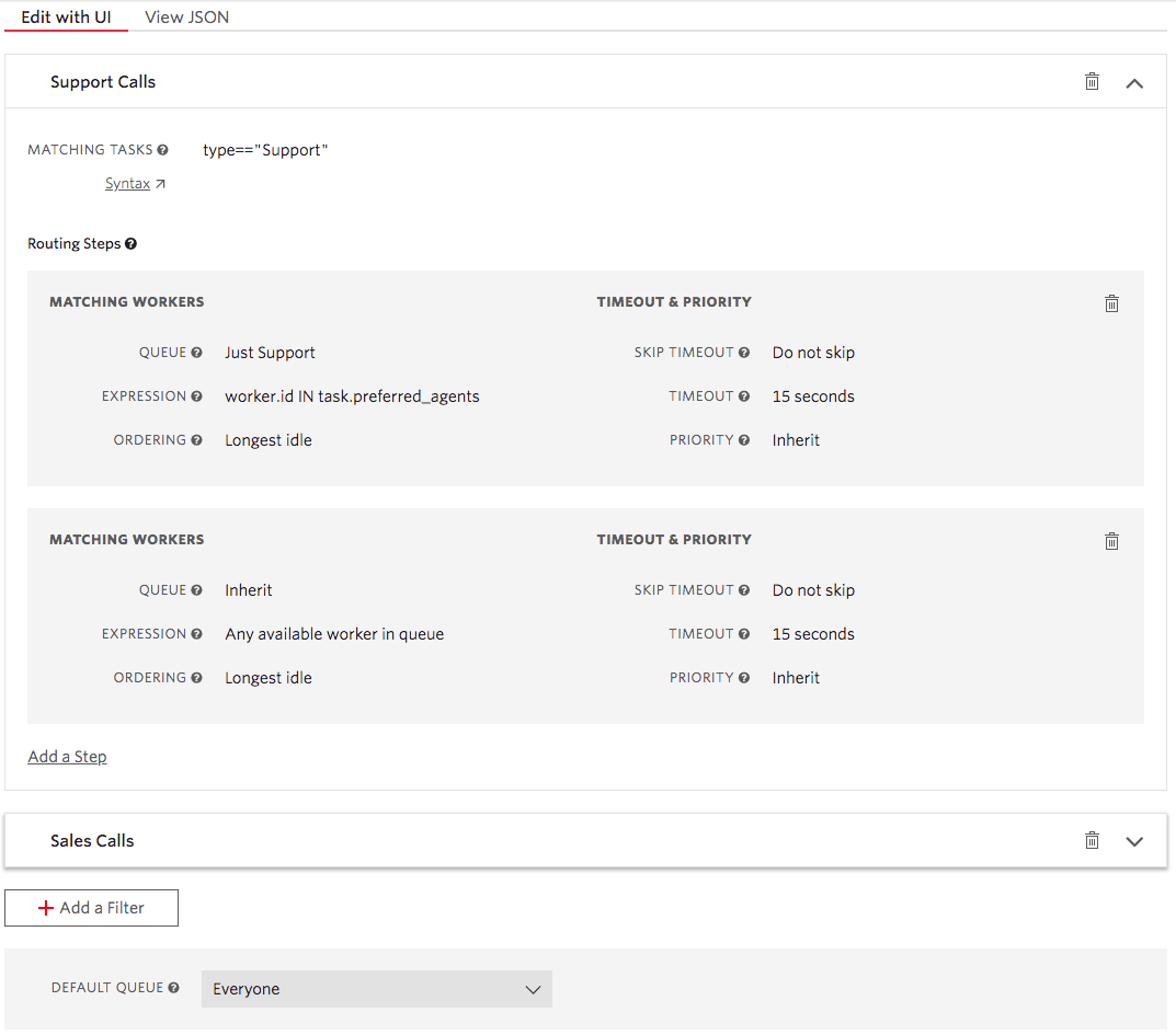Workflow for support and sales calls with worker matching and timeout settings.