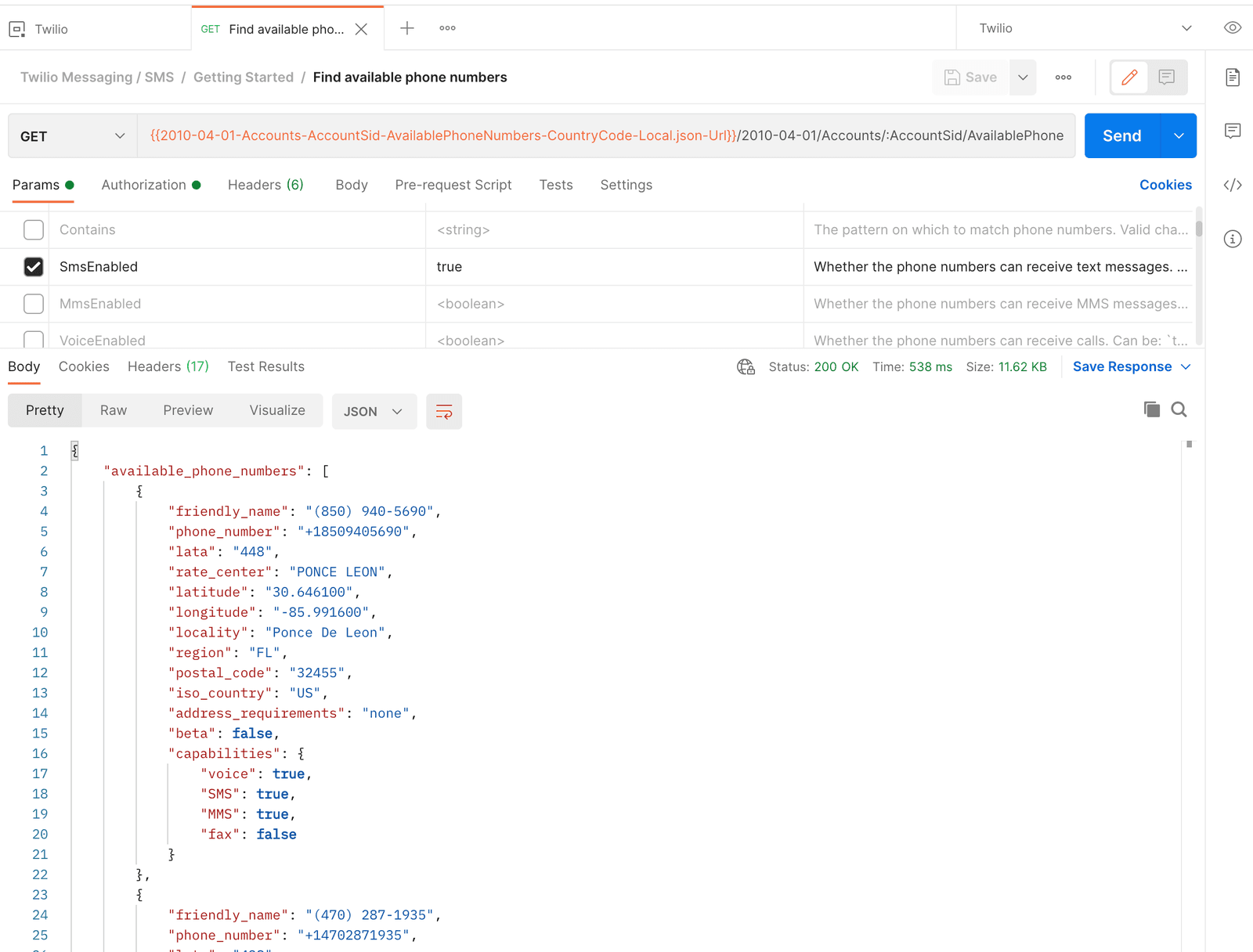 JSON response showing available phone numbers with details like friendly name, capabilities, and location.