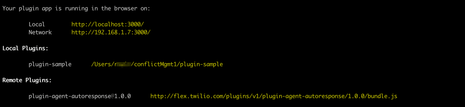 Plugin app running locally and on network with sample and agent-autoresponse plugins.