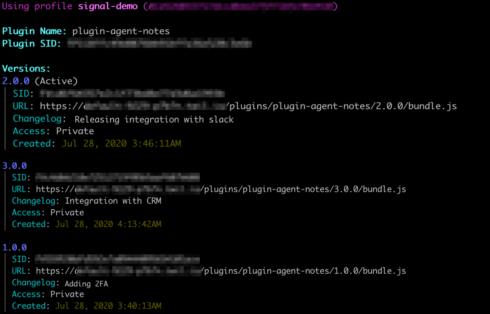 Plugin agent notes versions with changelogs for Slack, CRM, and 2FA integrations.